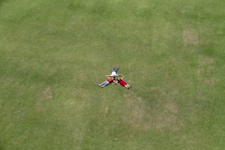 Three people are lying on a vast expanse of green grass, arranged in a circular formation with their heads meeting in the center. The setting is an open and spacious area, giving a sense of freedom and relaxation.