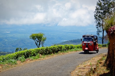 A red tuk-tuk is driving along a narrow road on a lush, green hillside. There are trees and bushes lining the road, with a scenic view of a vast valley and mountains in the background under a cloudy sky.