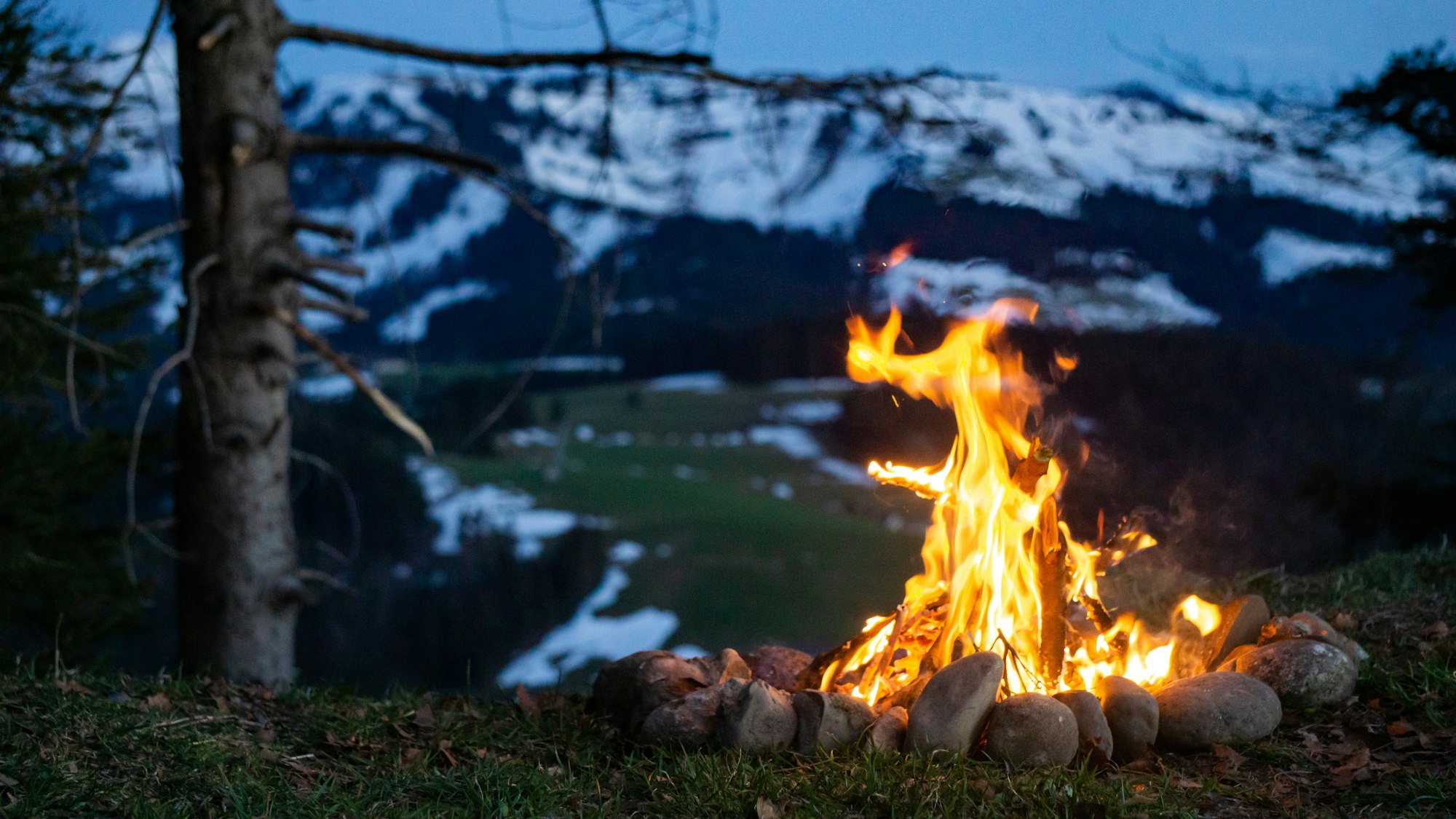 Fireplace in the evening. In the swiss mountains