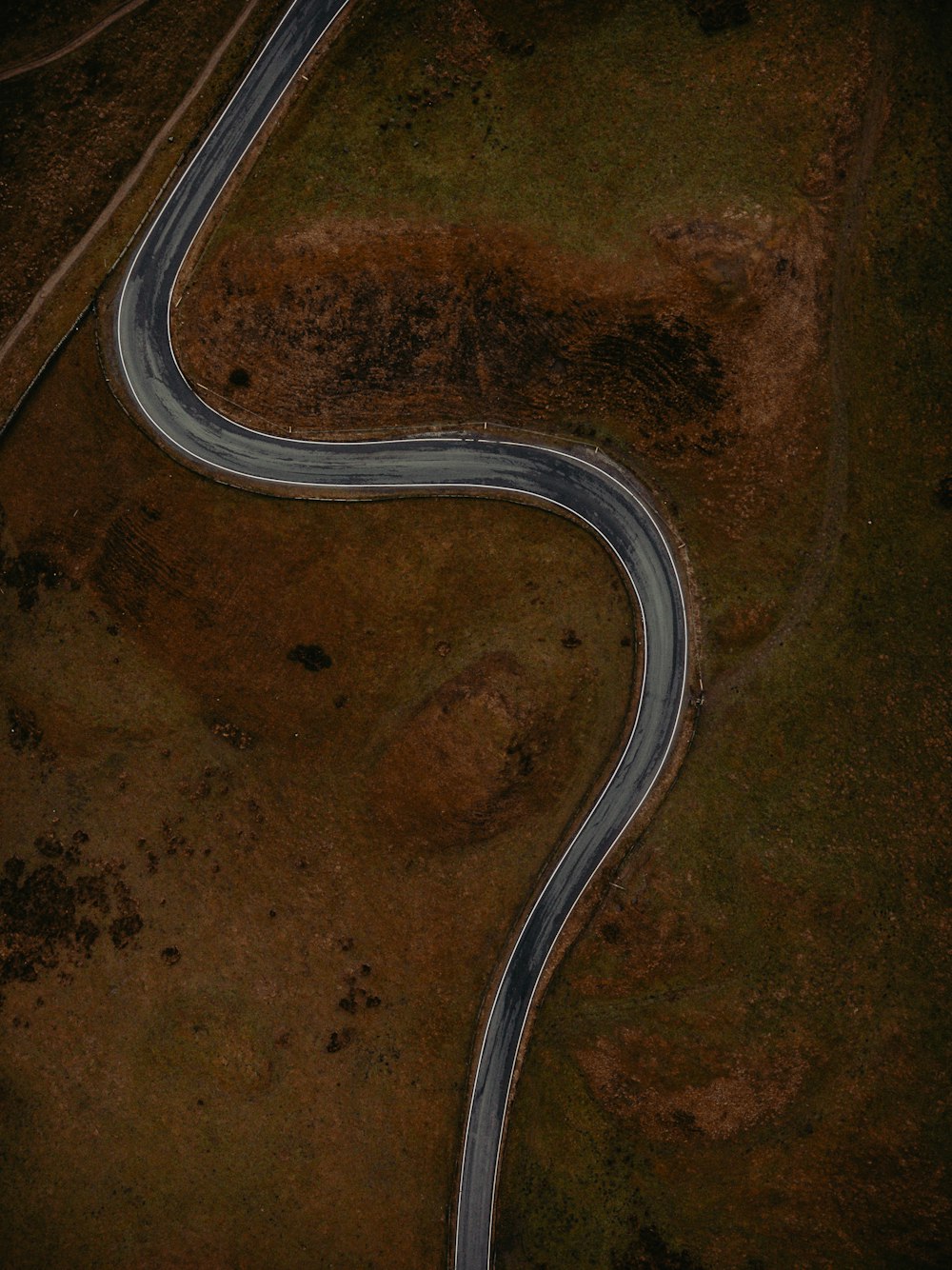 a winding road in the middle of a grassy area