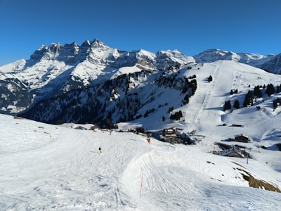 A vast snowy landscape featuring a mountain range with rugged peaks under a clear blue sky. Several skiers can be seen descending the snow-covered slopes adorned with ski trails. A few small buildings are visible in the distance, suggesting a ski resort or alpine village setting.