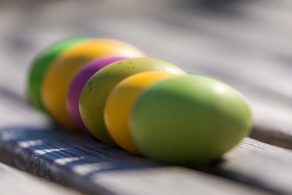 green, purple, and yellow eggs