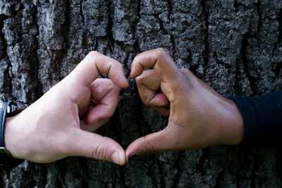 Hands of different skin tones coming together to form a heart shape.
