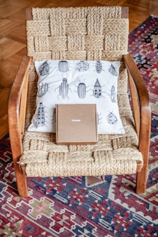 A woven wooden chair holds a light-colored pillow adorned with detailed black illustrations of various beetles. Resting on the pillow is a small brown cardboard box labeled 'Curology'. The chair is placed on a colorful carpet with intricate geometric patterns in red, blue, and beige tones, and features a hardwood floor in the background.