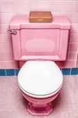 A pink toilet with a white seat is set against pink tiled walls and floor. On top of the toilet tank, there is a small, brown cardboard box.