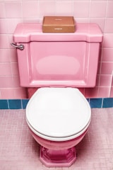 A pink toilet with a white seat is set against pink tiled walls and floor. On top of the toilet tank, there is a small, brown cardboard box.