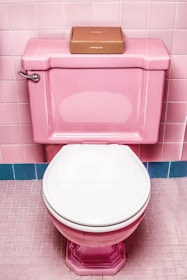 A pink toilet with a white seat is set against pink tiled walls and floor. On top of the toilet tank, there is a small, brown cardboard box.