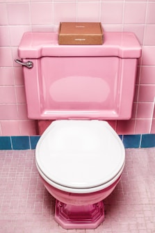 A pink toilet with a white seat is set against pink tiled walls and floor. On top of the toilet tank, there is a small, brown cardboard box.