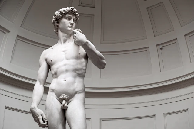 Michelangelo's David seen from below inside the Accademia's domed tribune, the coffered half-dome visible behind him.