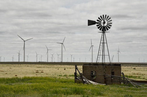 A landscape with flat terrain and a cloudy sky features numerous wind turbines spread across the horizon. In the foreground, there is an old metal windmill atop a small, dilapidated structure surrounded by some green vegetation.