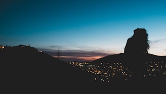 A still from a short film showing a lone figure silhouetted against a twilight cityscape with subtle royal blue highlights.