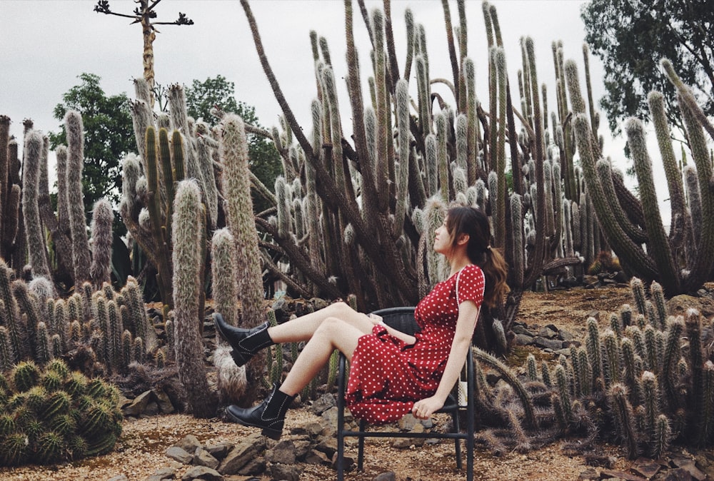 woman sitting near the cactus photography