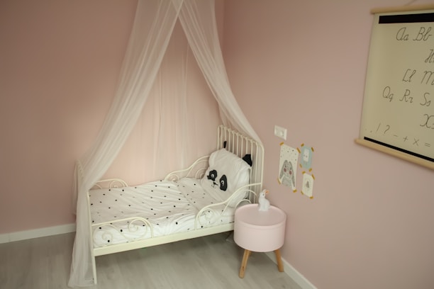 An illustration of a sparkly clean room in pink and lavender themes.
