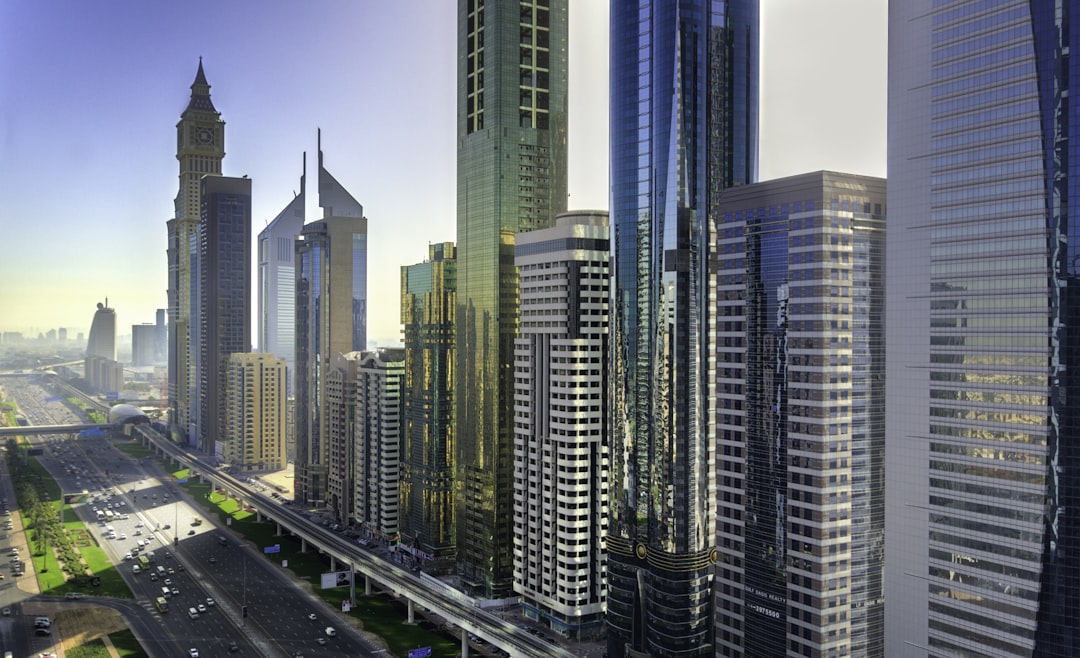 high-rise buildings in city, A photo showcasing a beautiful morning in Dubai.