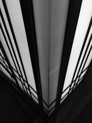 A symmetrical, high-contrast black and white image featuring geometric patterns with vertical and horizontal lines converging at an angle. The lines create a sense of depth and architectural design.