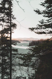A serene frozen river threading its way amid jagged glaciers and frosted pines.
