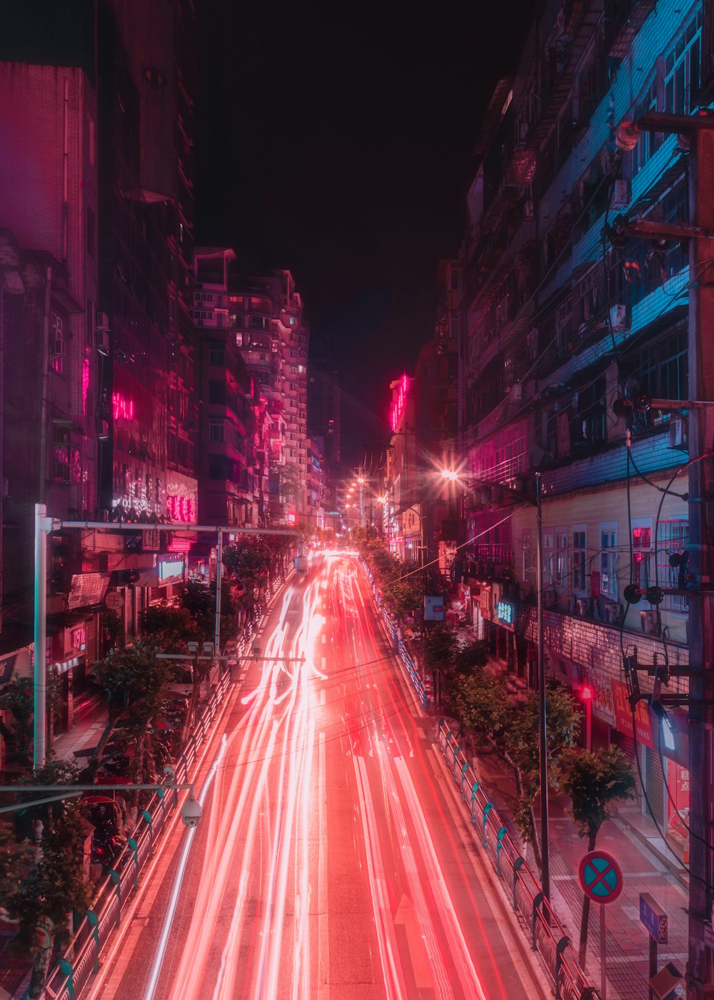 time lapse photography of street at night