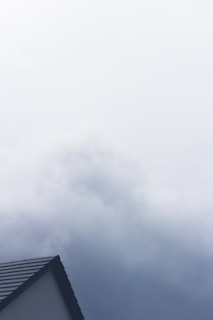 A portion of a roof with dark shingles is visible at the bottom left, set against an overcast sky with thick, gray clouds.