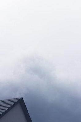 A portion of a roof with dark shingles is visible at the bottom left, set against an overcast sky with thick, gray clouds.