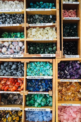 assorted-color gemstone lot on rack