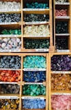 assorted-color gemstone lot on rack