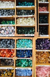 assorted-color gemstone lot on rack