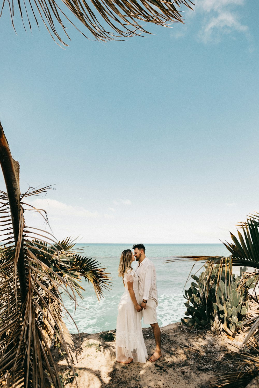 man and woman standing near coconut tree