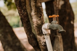Hands fitting a PVC tap onto a water pipe outdoors in a garden setting.