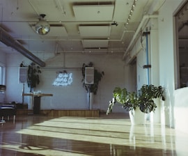 Bright and spacious rehearsal room with wooden floors and large windows.