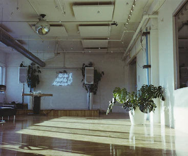 Bright, modern rehearsal room with wooden floors, mirrors, and soundproof walls.