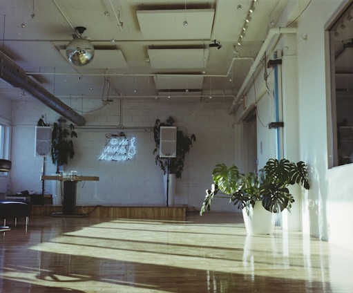 A vibrant workspace filled with creative tools and musical instruments.