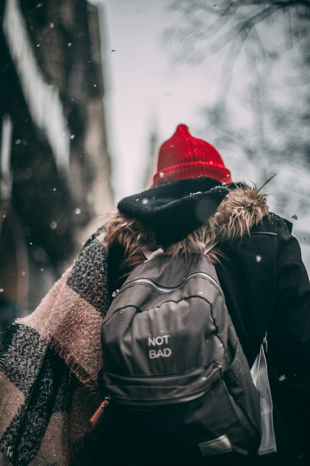 person wearing coat and red knit cap