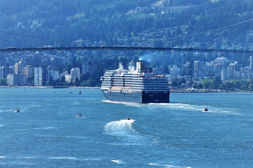 A large cruise ship sails through a wide body of water, surrounded by several smaller boats. In the background, there is a cityscape with numerous buildings and a dense forest area further behind. A bridge spans across the scene, adding a dynamic element to the view.