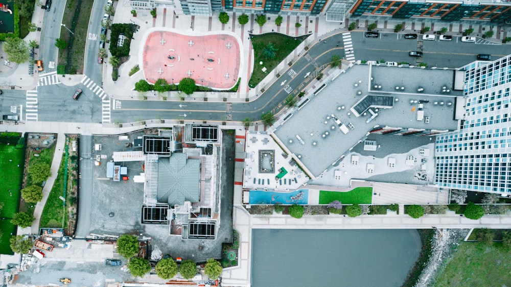 an aerial view of a city street and buildings