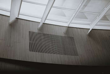 Glass panels create a modern architectural ceiling design with linear patterns visible through the framework. Below, vertical wooden slats form a minimalist aesthetic on the wall.