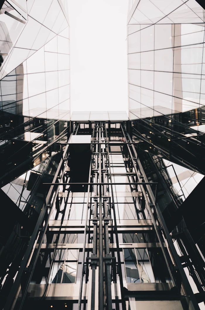 Modern glass and steel elevator bank