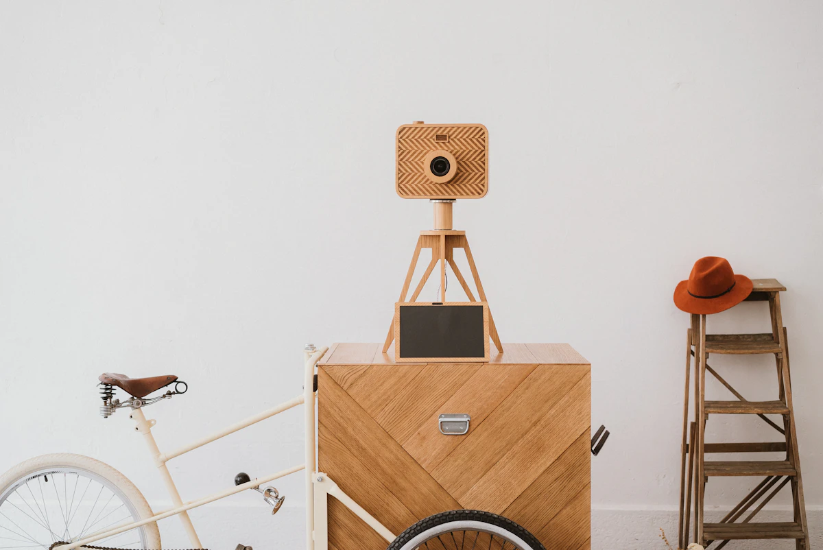 Stylish open-air photo booth camera setup at a wedding event
