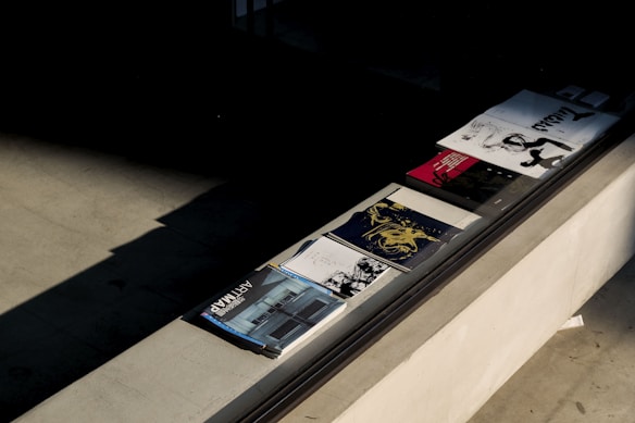 Several magazines or books are neatly arranged on a ledge next to a large window. The publications have various covers, featuring artistic images and different colors, with one prominently displaying the text 'ARTMAP'. The light casts distinct shadows across the textured surface.