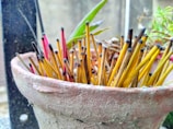 A cluster of incense sticks is placed inside a weathered terracotta pot. The sticks have burnt tips and are positioned upright. Surrounding foliage includes some green leaves partially visible, adding contrast to the arrangement.