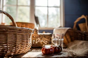 Bright kitchen with natural light highlighting baskets of fresh ingredients like eggs and flour.
