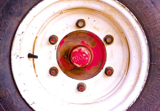 Close-up of tires with labels indicating position and maintenance status.