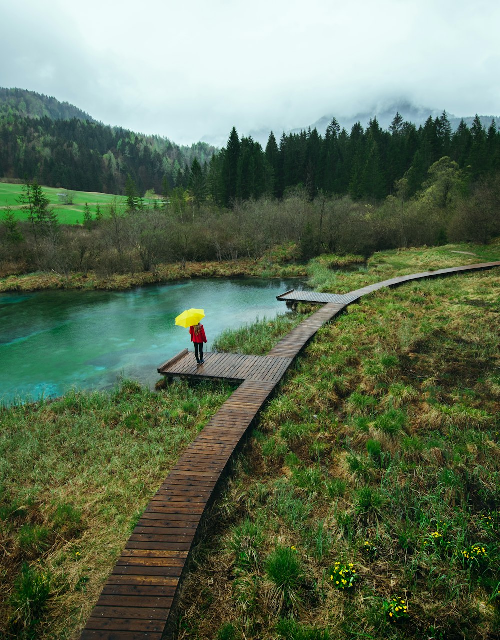 person using yellow umbrella standing near lake