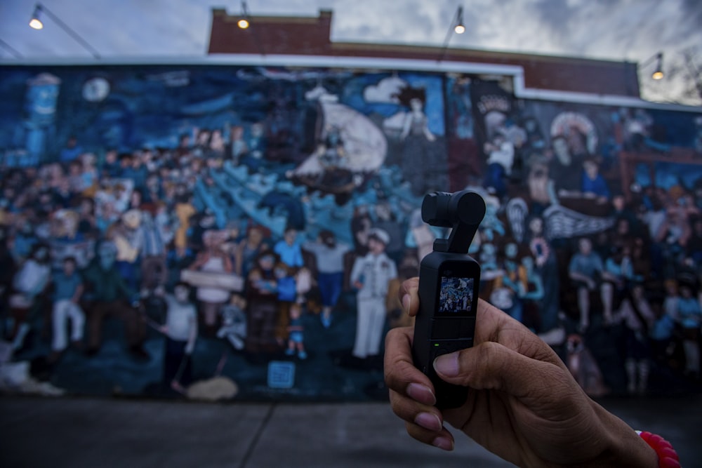 person using camera while taking photo of wall painting