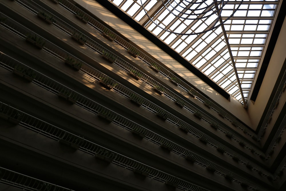 a view of the roof of a building from below