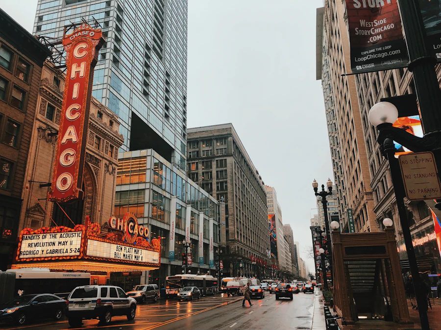 Chicago street with vehicles between brick buildings