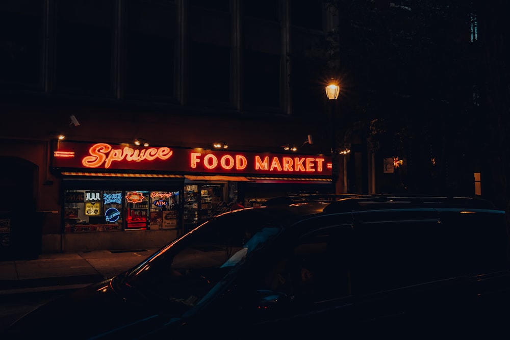 Spruce Food Market across dark street