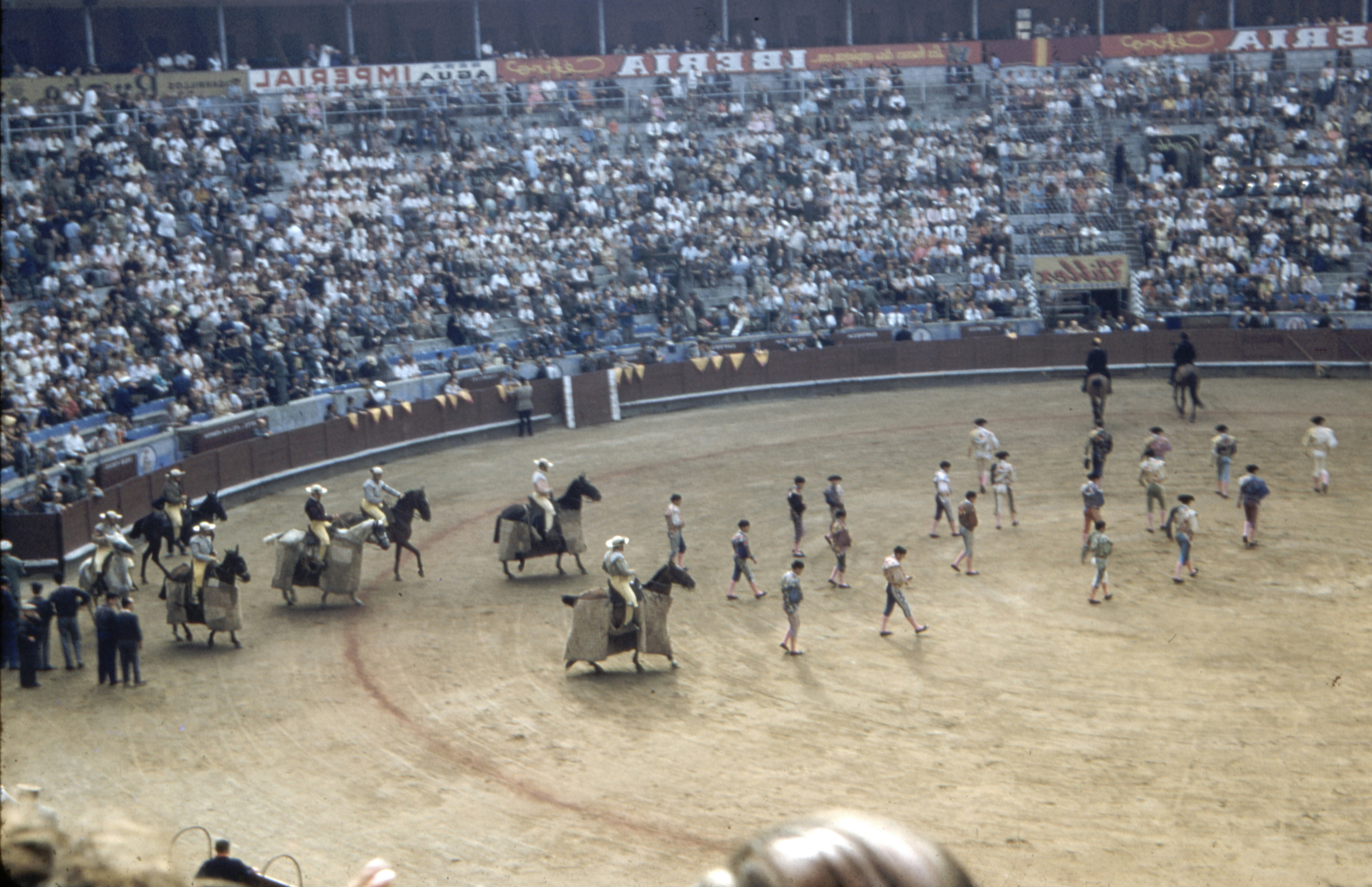 Vintage image of a bull fight at Barcelona Grand Parade circa 1957