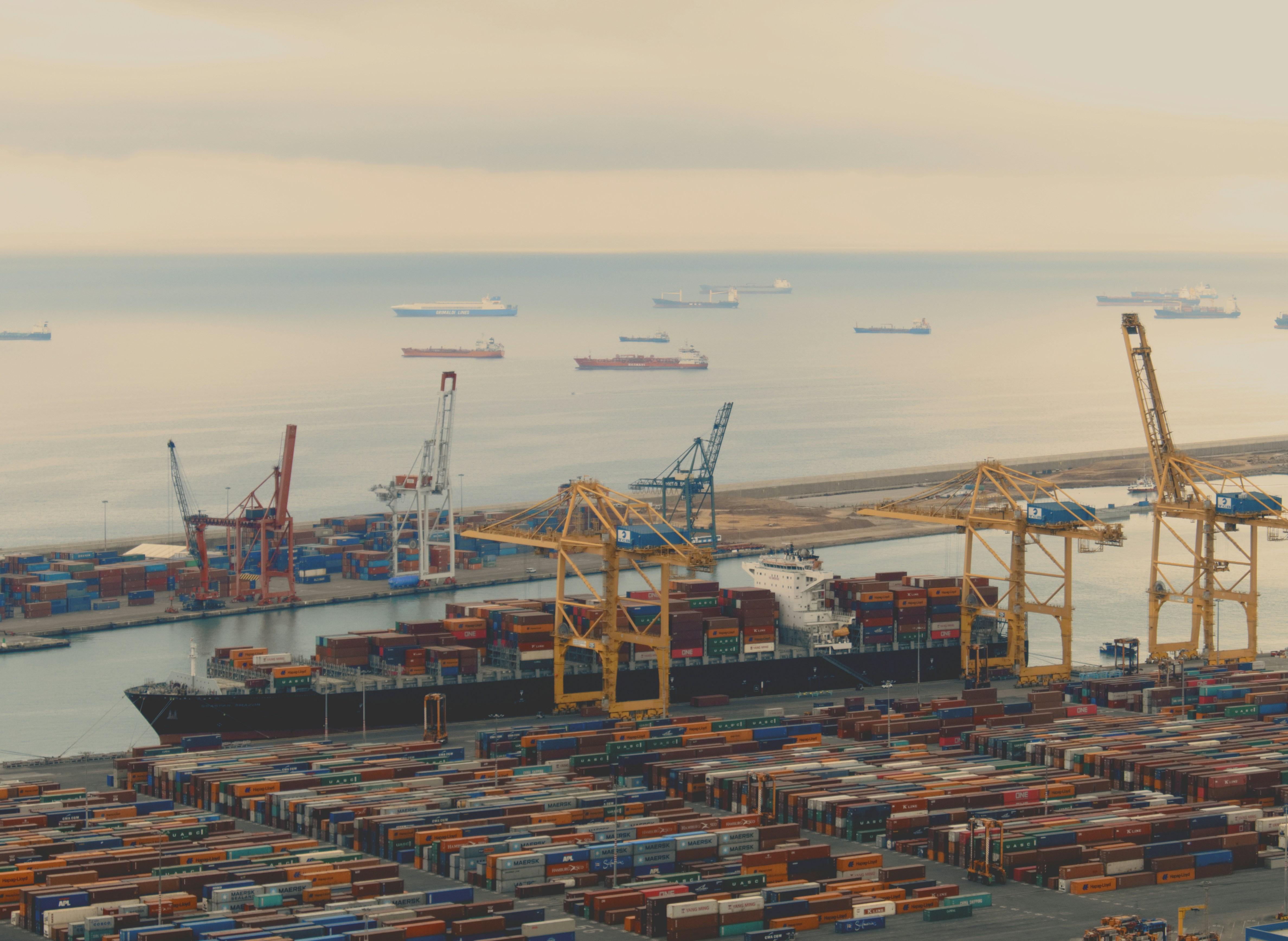 A panoramic view of a bustling industrial trading port.