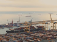 A bustling port with numerous stacked shipping containers and gigantic cranes. Several cargo ships are docked next to the port, while more vessels can be seen in the distant calm sea. The overall atmosphere suggests busy trade activity against a backdrop of a hazy sky.
