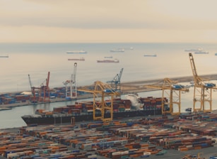 A bustling port with numerous stacked shipping containers and gigantic cranes. Several cargo ships are docked next to the port, while more vessels can be seen in the distant calm sea. The overall atmosphere suggests busy trade activity against a backdrop of a hazy sky.